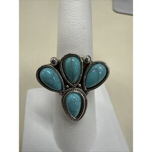 Silver Tone Turquoise Look Cluster Bearpaw Sz 8 R1-8